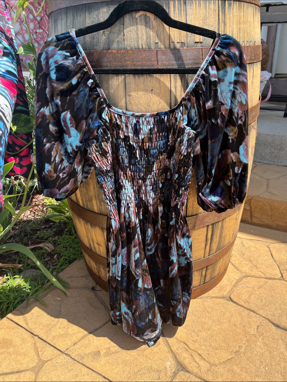 Urban Outfitters Black Floral Smocked Romper velvet with Puff Sleeves